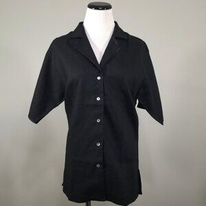 Vintage Bellagio S Black Linen Blouse Short Sleeve Top Western Yoke Satin Trim
